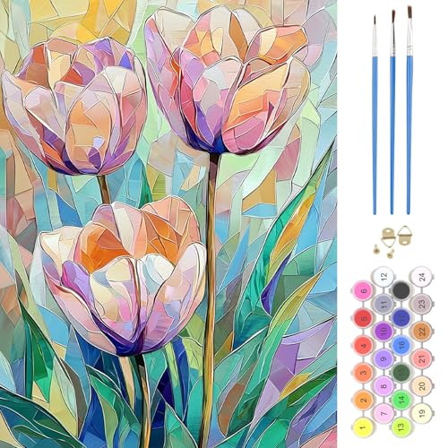 NAIMOER Tulips Paint by Numbers Kits for Adults Beginner, Flower Color by Numbers on Canvas Painting Craft Kits for Adults Without Frame, Easy Paint DIY Acrylic for Home Wall Decor 12 X16 Inch - color: Tulips
