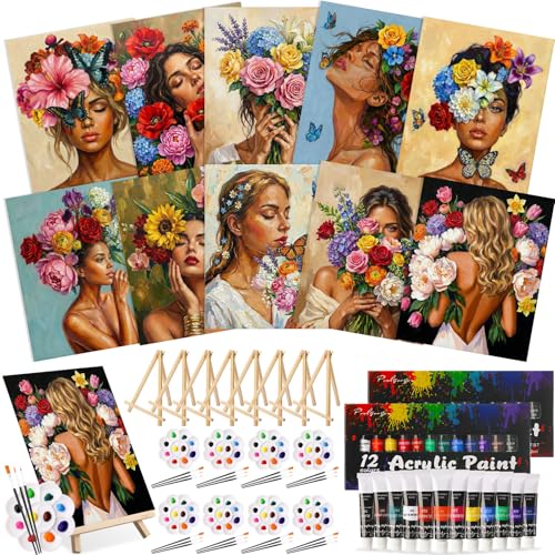 Ctosree 72 Pcs Flower Woman Paint and Sip Kit for Adults 8'' x 10'' Pre Drawn Canvas for Painting DIY Pre Printed Canvas for Party Favor Acrylic Painting Kit Wood Easel Brushes Date Night Bulk - style: Flower Woman