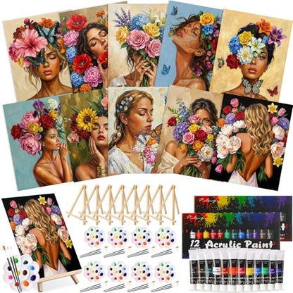 Ctosree 72 Pcs Flower Woman Paint and Sip Kit for Adults 8'' x 10'' Pre Drawn Canvas for Painting DIY Pre Printed Canvas for Party Favor Acrylic Painting Kit Wood Easel Brushes Date Night Bulk - style: Flower Woman