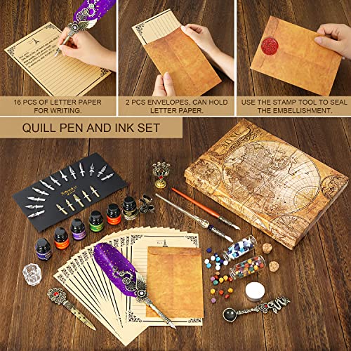 Quill Pen Ink Set, With Quill Pen, Wooden Dip Pen, Glass Dip Pen, 6 Bottles Ink,16 Letter Paper, 2 Envelopes,17 Nibs, Pen Holder, 2 Bottles Fire Lacquer Wax, Stamp, Spoon, White Wax, Cup(Purple) - color: Purple
