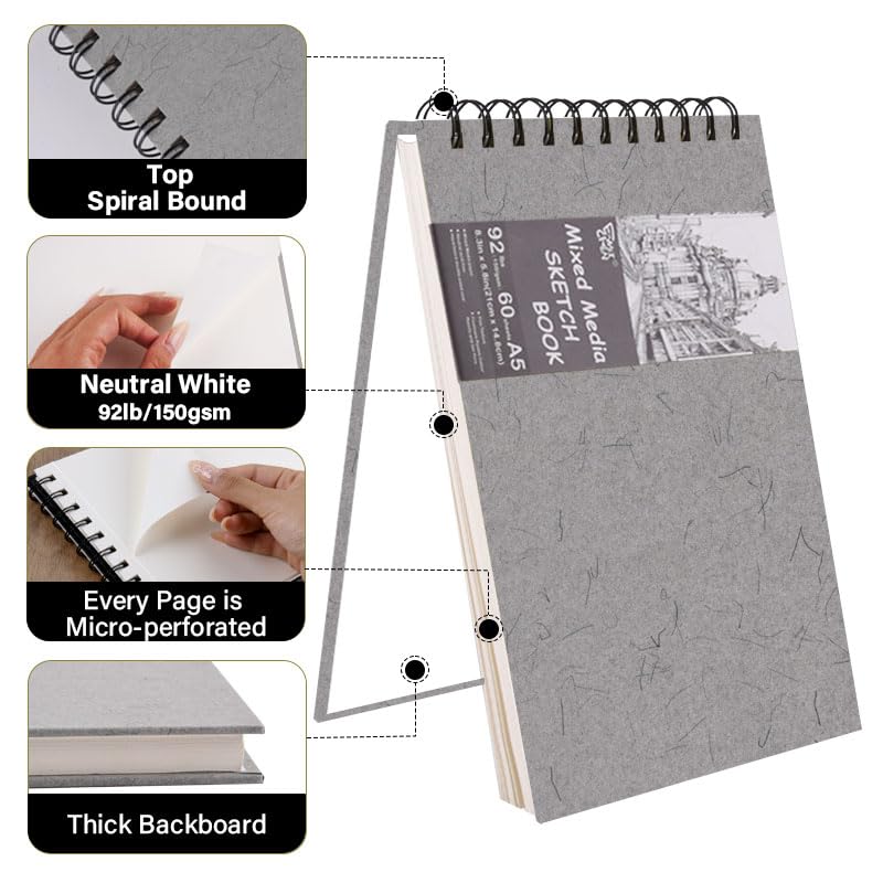 5.8" x 8.3" Mixed Media Sketch Book,Spiral Bound Hardcover Sketchbook,60 Sheets 92lb/150gsm Neutral White Acid Free Paper,Art Journal Sketchbook for Drawing Writing Sketching Illustration,Silver Gray - color: Neutral White-Silver Gray