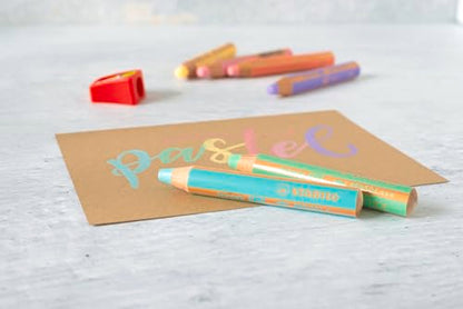 STABILO - woody 3-in-1 - Multi-Talented Pencil - Pack of 6 - Assorted Pastel colors with Sharpener - style: Set + Sharpener