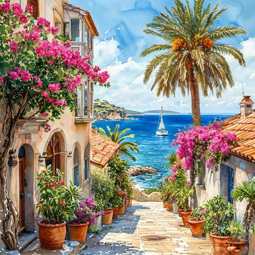 Accompany Wind Seaside Scenery Diamond Art Kits for Adults,5D Landscape Diamond Painting Kits for Beginners,DIY Round Full Drill Diamonds Gem Art Crafts for Home Wall Decor Gifts 14x14 Inch - color: Seaside scenery