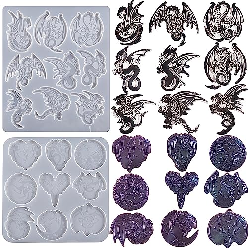 2 Pack Dragon Keychain Resin Mold - 9 Cavities Each - Multiple Style - Pendant - Resin Casting Silicone Molds for Home Decor & Candle Making Wave Spiral Mold - color: ymr-key-chain-dragon