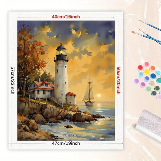 Sunset Sailing Paint by Numbers Kit for Adults - DIY Lighthouse and Sailboat Painting on Canvas 16x20 inches, Acrylic Paint Set, Suitable for Beginners, Art for Home Decoration or Gifts - color: TCXY06322, size: 16X20IN Folded