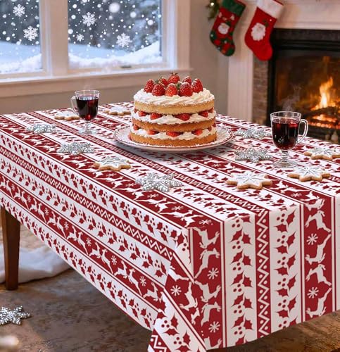 HEIPINIUYE 2 Pack Christmas Tablecloth Disposable 54 x 108 Inch Red and White Xmas Plastic Table Cloth Disposable Rectangle Table Cover for Christmas Birthday Picnic Party Xmas Tablecloths - color: Christmas Tablecloth Disposable, size: 2 Pack