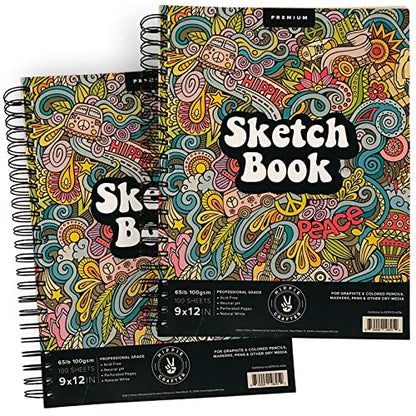 HIPPIE CRAFTER Marker Sketch Book - 2 Pack 9 x 12 Inches Spiral-Bound Sketchpad, 100 Sheets, 65lb Paper for Drawing & Markers, Ideal for Adults, Artists