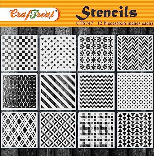 CrafTreat Geometric Stencil Reusable Set for Painting on Wood, Wall, Furniture, Floor, Tile, Canvas & Fabric – 12 Piece DIY Craft Paint Wall Stencils 6x6 Inches