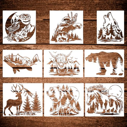 9 Pcs Animal Wood Burning Stencils - Deer, Bear, Horse, Moose, Owl, Fish, Wolf, Fence & Spray Painting Drawing Templates for Wood & Fabric DIY Crafts