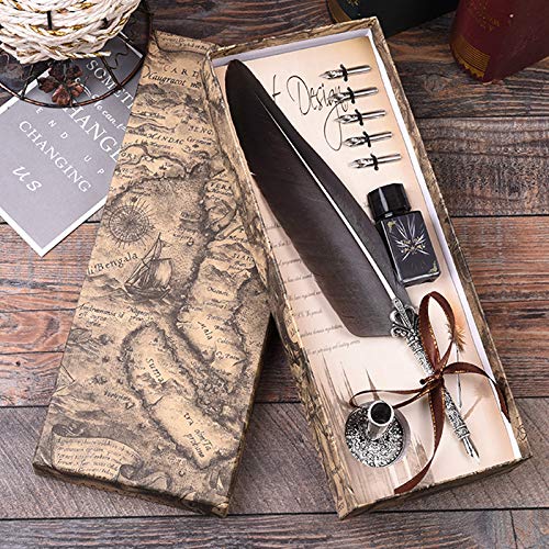 Calligraphy Pen Set Writting Quill Feather Pen 100% Hand Craft Real Feather and Stainless Steel Nib Best Antique Executive，Contains Ink no Need to Purchase Additional Ink (Black) - color: Black
