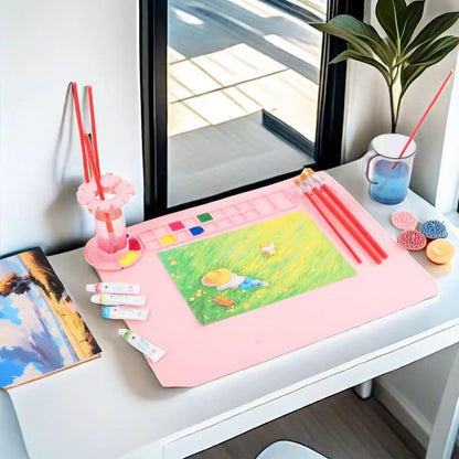 Silicone Craft Mat,20"x 16" Painting mat Palette for Resin Casting Mold Mat, Nonstick Craft Sheet with Removable Cleaning Water Cup for Painting, Clay, Art, DIY Projects (Pink) - color: Pink