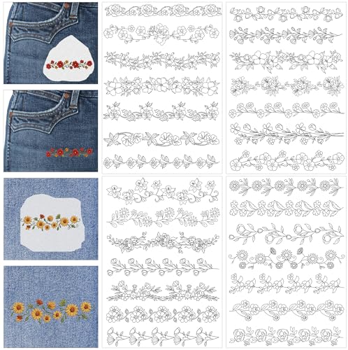 Water Soluble Stabilizer Embroidery Pattern - Flower Border Stick & Stitch Embroidery Paper Wash Away, Running Border Hand Sewing Patterns for Jean Bag T-Shirt (4 Sheets) - style: Border992