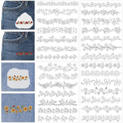 Water Soluble Stabilizer Embroidery Pattern - Flower Border Stick & Stitch Embroidery Paper Wash Away, Running Border Hand Sewing Patterns for Jean Bag T-Shirt (4 Sheets) - style: Border992