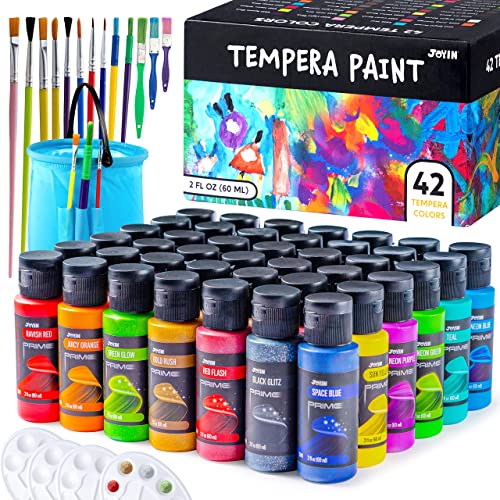 JOYIN Washable Tempera Paint Set for Kids 42PCS, Non Toxic Liquid Paint with 15 Brushes and 4 Palettes - Art Supply for Kids for Arts and Crafts Project, Finger Painting (2 oz Each), School Project Art Supplies - size: 2 Fl Oz (Pack of 42)