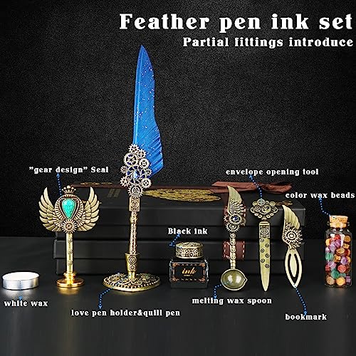 Aifeiter Quill Pen ink Set,Wax Seal Stamp Set,Calligraphy Pen ink Set,Feather Calligraphy Pen Set,Beautiful Gift Calligraphy Set,Christmas Gifts-Blue - color: Blue
