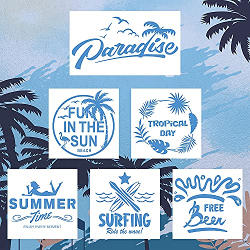 6 Pieces Summer Stencils for Painting on Wood - Tropical Hawaiian Beach Set - Wall Floor Decor - Farmhouse Vacation Reusable Templates Stencil - color: 6 PCS