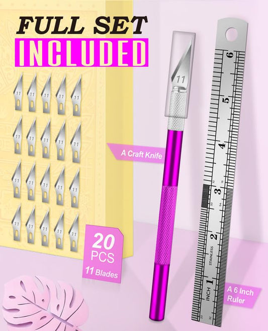 DIYSELF Craft Knife Set with 20 Extra #11 Blades, Aluminum Handle, Ruler | Exacto Knife Kit for DIY, Art, Model Making, Craft Knife with Blades for Artists & Modelers, Aluminum Handle, Purple - color: Purple-20