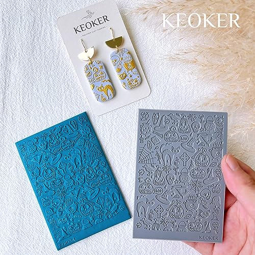 Keoker Polymer Clay Texture Sheets Halloween, Halloween Clay Texture Mat for Making Earrings Jewerly, Halloween Polymer Clay Earrings Tools (with Polymer Clay Cutters) - color: polymer clay texture for Halloween 4