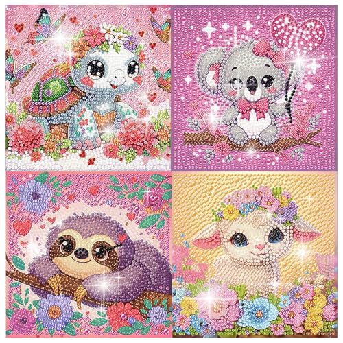 FlyingMage 5D Diamond Art Kits for Adults,Kawaii DIY Painting Art for Women, 4 Pack Cute Diamond Arts and Crafts Sets,Diamond Art Mosaic Kits,Big Gem Full Drill Diamond Dots, Turtle Koala Sloth Sheep - color: Pink Turtle+Koala+Sloth+Sheep