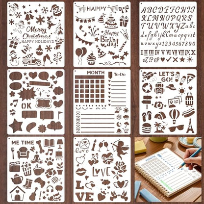 8 PCS Scrapbook Stencils, Planner Stencils for Junk Journal Notebook Diary Scrapbook DIY Drawing Template Journal Stencil 5.5x6.3 Inch - style: Scrapbook Template