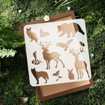 Wild Animals Wall Stencil Bear Owl Deer Fox Rabbit Eagle Snake Butterfly 11.8x11.8 Inch Reusable Stencil for Painting on Wood, Floor, Wall and Fabric, Animal Theme Template for DIY Craft Painting - style: Forest Animal B
