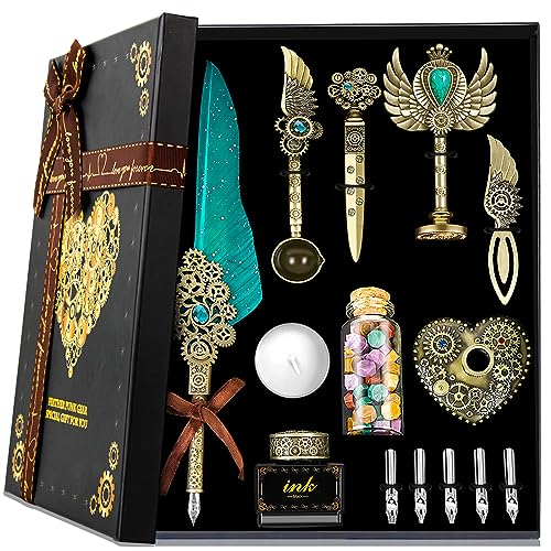 Aifeiter Quill Pen Ink Set, Feather Calligraphy Pen, Wax Seal Stamp, Beautiful Gift Calligraphy Set, Christmas Gifts - Green - color: White