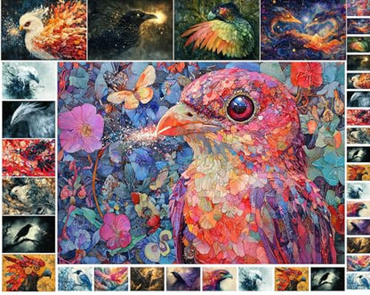 Decoupage Paper Pack (35 Sheets 6"x8") Mythic Bird Visions ~ Surreal Bird Portraits in Vivid, Dreamlike Color palettes Blending Cosmic Themes, Mosaic Feathers, and Mythical Animal hybrids - color: Six