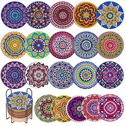 Caffox 20 Pieces Diamond Art Painting Coasters Kit with Holder, Diamond Art Coasters, DIY Diamond Art Crafts Projects, Diamond Art Kits for Adults and Beginners(Mandala Style)