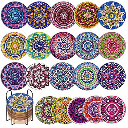 Caffox 20 Pieces Diamond Art Painting Coasters Kit with Holder, Diamond Art Coasters, DIY Diamond Art Crafts Projects, Diamond Art Kits for Adults and Beginners(Mandala Style)