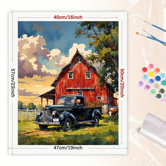 Farmhouse Paint by Numbers Kit for Adults - DIY Vintage Red Barn and Black Truck Painting on Canvas 16x20 Inches, Acrylic Paint Set, Suitable for Beginners, Art for Home Decoration or Gifts - color: HSX01199, size: 16X20IN Folded