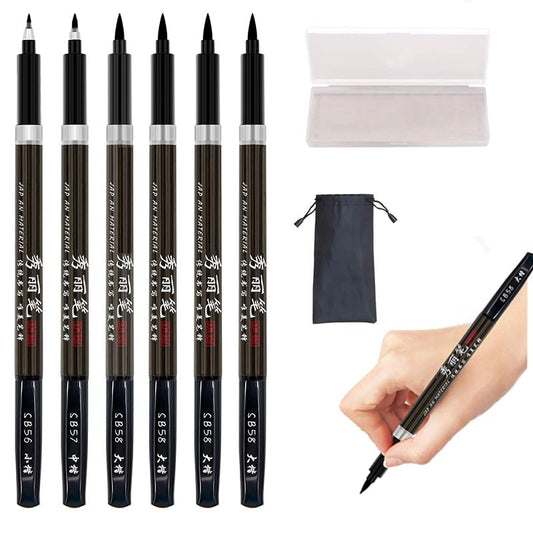 Calligraphy Hand Lettering Brush Pens Drawing Markers Beginners | Kits Chinese Japenese Pens Black Ink for Journaling, Writing, Art Drawing, 3 Size(Pack of 6)