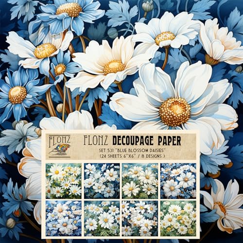 Decoupage Paper Pack (24 Sheets 6"x6") Blue Blossom Daisies: Enchanting Meadow Daisy Designs in Beautiful Shades of Blue and White # Vintage Styled Paper for Craft and Scrapbooking - color: Thirtynine
