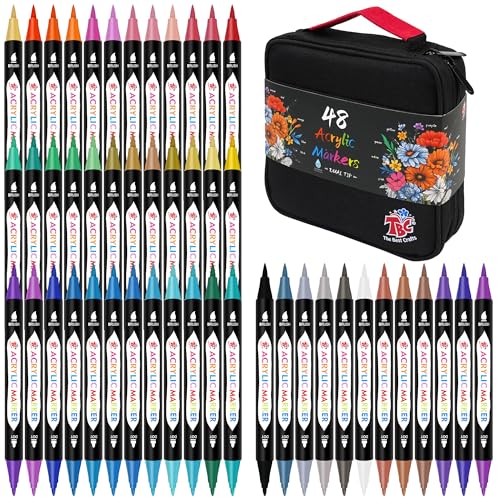 TBC The Best Crafts Acrylic Paint Markers,48 Colors Dual Tip, Double Zipper Canvas Bag – Waterproof, Non-Toxic, Art Supplies for Canvas, Wood, Glass, Rock, Ceramic – Gift for Artists & Hobbyists - color: 48 Colors