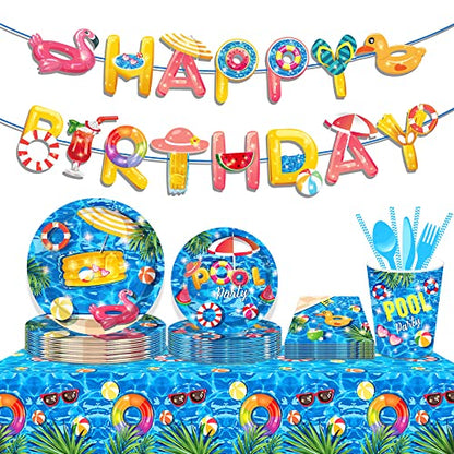 1 Pack Summer Pool Party Plastic Tablecloth 54 x 87 Inch Long Rectangular Table Cover for Buffet,Birthday Party Holiday Dinner,Picnic or Tablecloth for Kitchen Event Use - color: Pool
