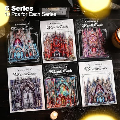 60PCS Moonlight City PET Stickers, Large Gothic Castle Stickers for Scrapbooking, DIY Crafts, Journaling, and Junk Journal Ephemera with Organizer - color: Moonlit City
