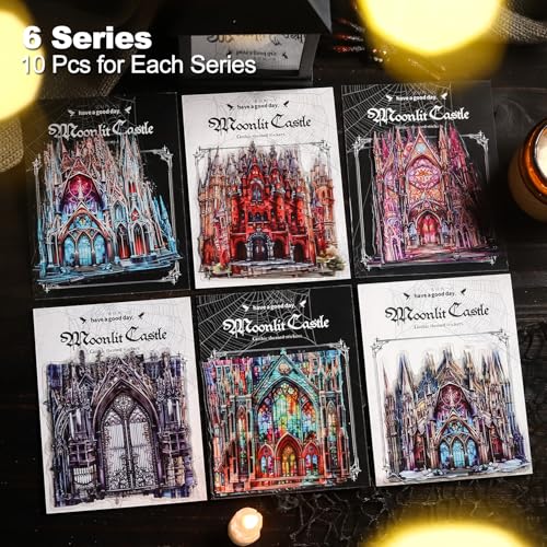 60PCS Moonlight City PET Stickers, Large Gothic Castle Stickers for Scrapbooking, DIY Crafts, Journaling, and Junk Journal Ephemera with Organizer - color: Moonlit City