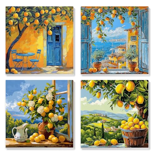 HEIBAGO 4 Pack Framed Paint by Numbers Kit for Adults Beginner, Adult Paint by Number Kits Lemon Tree, DIY Paint by Numbers for Adults,Small Easy Acrylic Oil Painting for Wall Decor 8x8 Inch - color: Lemon Tree