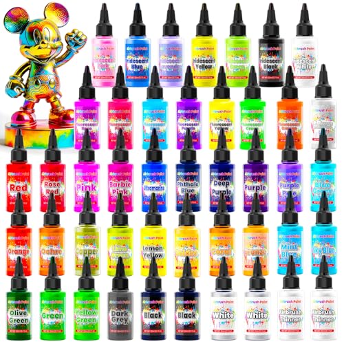 Airbrush Paint - 45 Colors with 2 Thinners, Ready to Spray Airbrush Paint Set, Fluorescent, Rainbow & Metallic Colors, Water Based Air Brush Paints for Canvas, Metal, Plastic - 20ml/Bottle - size: 0.69 Fl Oz (Pack of 45)