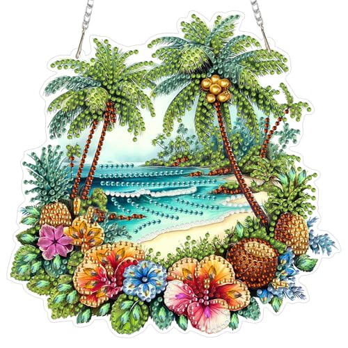 MOGTAA Beach Diamond Art Hanging Kits for Adults, DIY Double Sided Landscade Diamond Art Suncatchers, 5D Special Shape Diamond Painting Pendant Window Ornament Gifts for Home Wall Door Decor - color: Beach-02
