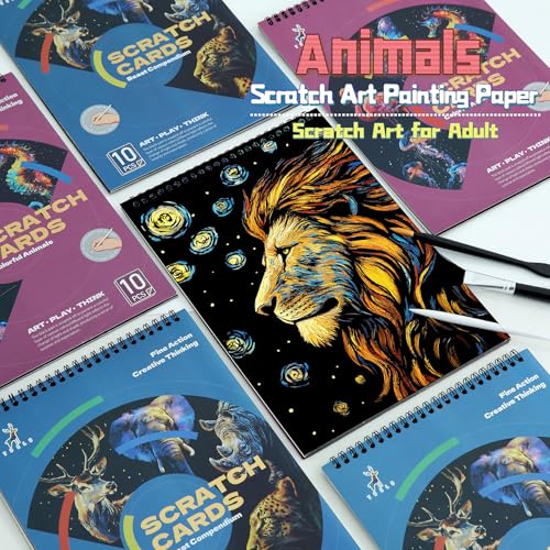 DESINIK Animals Scratch Art Painting Book for Adults-Colorful Animal Scratch Paper|Scratch Painting Paper Craft Kit|Creative Foil Engraving Scratch Art|Stress Relief Gift for Craft Lovers(10PCS) - color: Animals A4 -10PCS