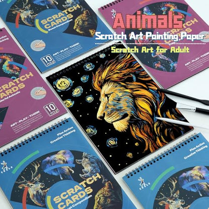 DESINIK Animals Scratch Art Painting Book for Adults-Colorful Animal Scratch Paper|Scratch Painting Paper Craft Kit|Creative Foil Engraving Scratch Art|Stress Relief Gift for Craft Lovers(10PCS) - color: Animals A4 -10PCS