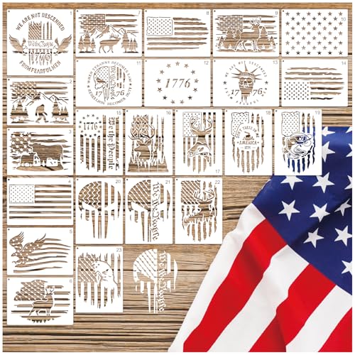 23pcs American Flag Stencil Reusable Patriotic 50 Stars We The People 1776 Stencil Template Drawing Military Flag Stencils for Spray Painting on Wood Wall DIY Crafts Project Shirt Decoration(flag23)