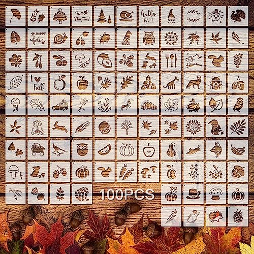 Fainne 100 Pcs 2 Inch Fall Stencils Small Stencils for Painting | Reusable Craft Stencils, DIY Scrapbook, Wood Wall Fabric Rock Chalkboard Sign Painting, Home Art Decor Projects - style: Maple, Pumpkin