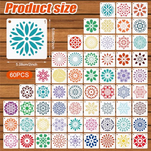 60pcs Mandala Stencils for Painting, Mandala Dotting Templates (Style 2) | 2x2 Inch Reusable PET Crafts Art Drawing Stencil for Rocks Wood Furniture Canvas Fabric Decoration DIY Projects - style: B