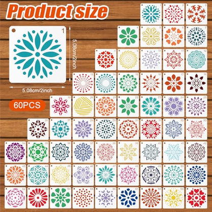 60pcs Mandala Stencils for Painting, Mandala Dotting Templates (Style 2) | 2x2 Inch Reusable PET Crafts Art Drawing Stencil for Rocks Wood Furniture Canvas Fabric Decoration DIY Projects - style: B