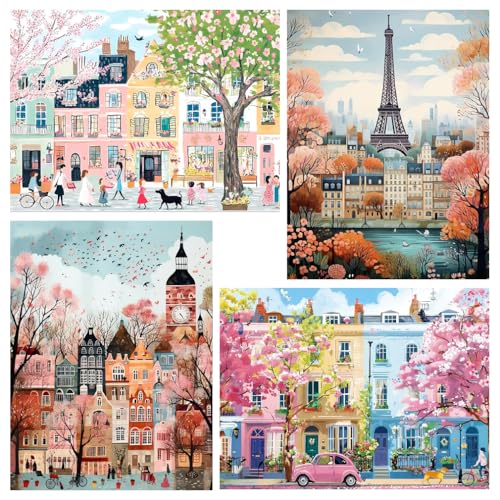Clendo 4 Packs City Scene Paint by Numbers Kits for Adults, DIY Paris Street Adult Paint by Number Kits on Canvas, Easy Acrylic Painting Kits for Home Decor 12x16 Inch(Without Frame) - color: MT22711-MT22712-MT22713-MT22714-US