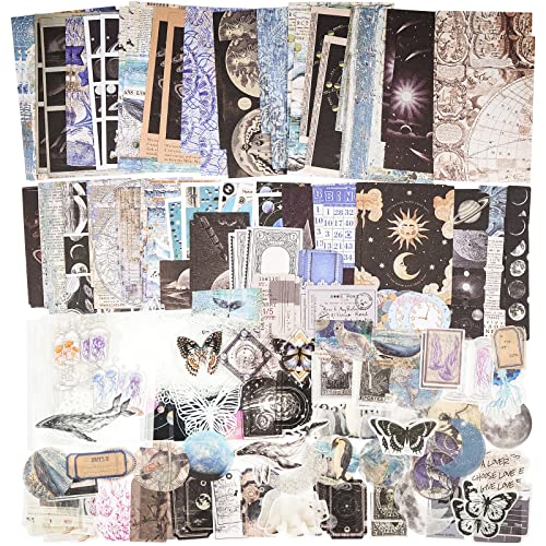 Knaid 200 Piece Vintage Ephemera Bundle - Paper & Sticker Kit for Junk Journaling, Scrapbooking, Planners, Bullet Journals, Collage, Decoupage - Black/Blue Tones - style: Black & Blue