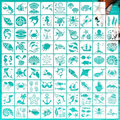 80 Pcs 5 x 5 Inch Stencils for Painting on Wood, Reusable Sea Ocean Creatures Mermaid Dolphin Shark Plastic Stencils DIY Craft Paint Template Set for Wall Home Decor - style: Ocean