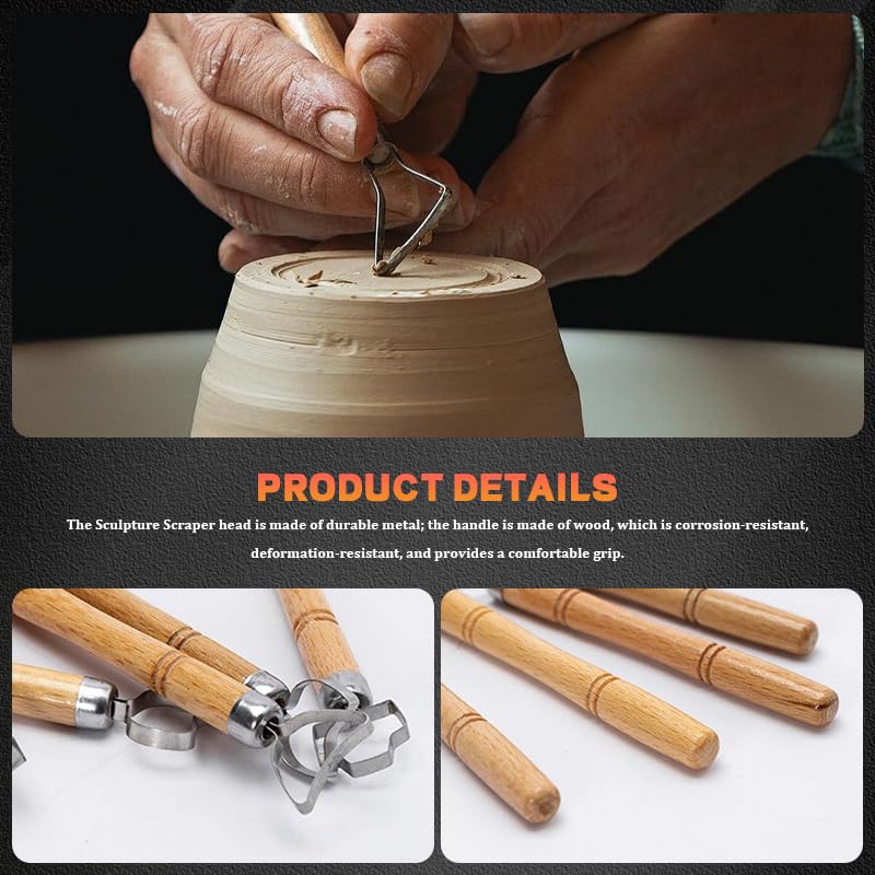 Pottery Clay Sculpture Scraper Set, Ceramic Handle Making Carving Tool for Cup Shaping Clay Trimming - 5 Style Metal Head with Wood Handle