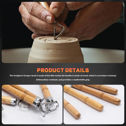 Pottery Clay Sculpture Scraper Set, Ceramic Handle Making Carving Tool for Cup Shaping Clay Trimming - 5 Style Metal Head with Wood Handle